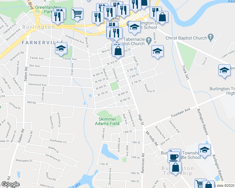 map of restaurants, bars, coffee shops, grocery stores, and more near 29 West 8th Street in Burlington