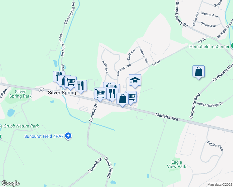 map of restaurants, bars, coffee shops, grocery stores, and more near 845 Silver Spring Plaza in Lancaster