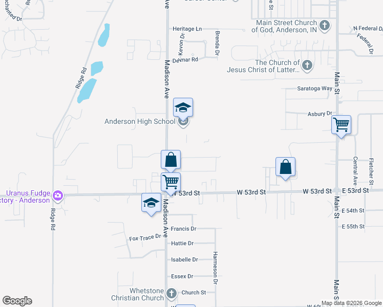 map of restaurants, bars, coffee shops, grocery stores, and more near 4832 Buttercup Way in Anderson