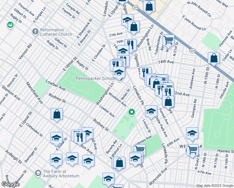 map of restaurants, bars, coffee shops, grocery stores, and more near 7352 Rugby Street in Philadelphia