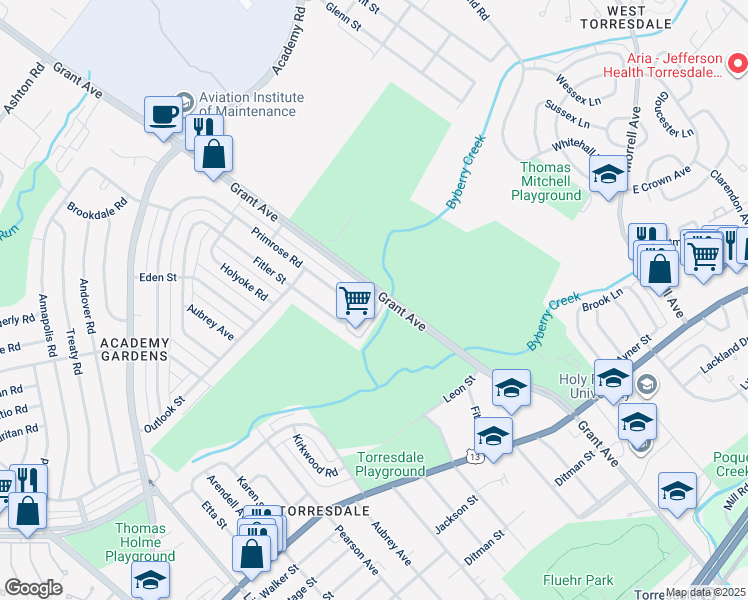 map of restaurants, bars, coffee shops, grocery stores, and more near 9529 Fordham Road in Philadelphia
