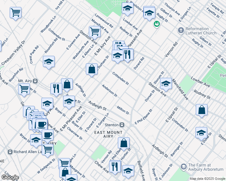 map of restaurants, bars, coffee shops, grocery stores, and more near 6931 Anderson Street in Philadelphia