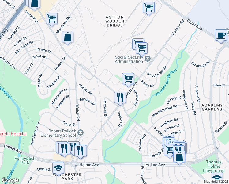 map of restaurants, bars, coffee shops, grocery stores, and more near 2749 Willits Road in Philadelphia