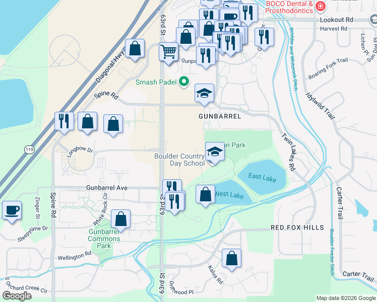 map of restaurants, bars, coffee shops, grocery stores, and more near 4909 Nautilus Ct N in Boulder