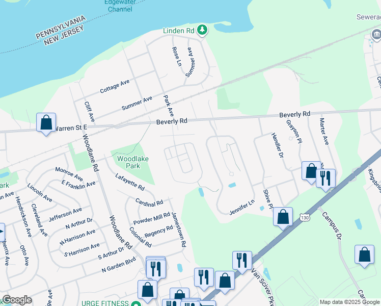 map of restaurants, bars, coffee shops, grocery stores, and more near 55 Riverwalk Boulevard in Burlington Township