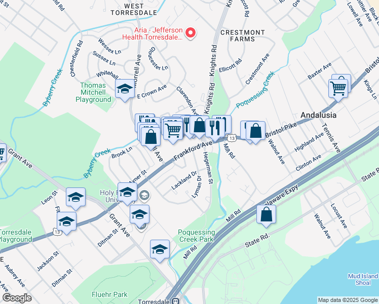 map of restaurants, bars, coffee shops, grocery stores, and more near 9957 Lorry Place in Philadelphia