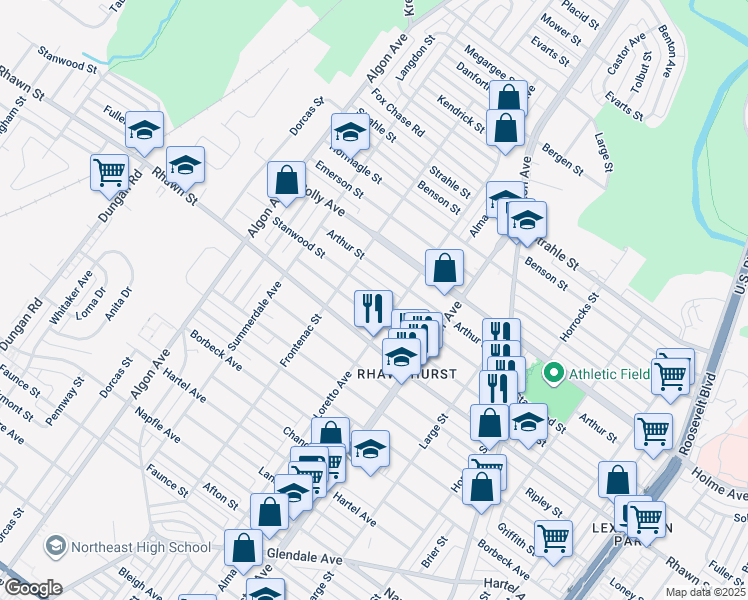 map of restaurants, bars, coffee shops, grocery stores, and more near 1834 Stanwood Street in Philadelphia