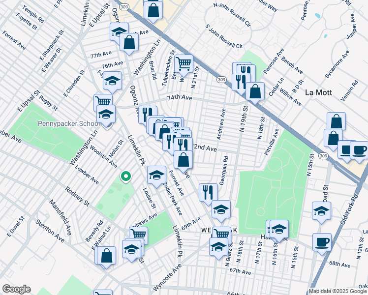 map of restaurants, bars, coffee shops, grocery stores, and more near 7152 North 20th Street in Philadelphia