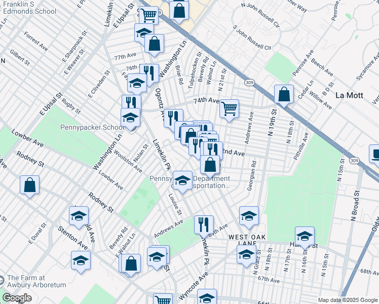 map of restaurants, bars, coffee shops, grocery stores, and more near 7202 Forrest Avenue in Philadelphia
