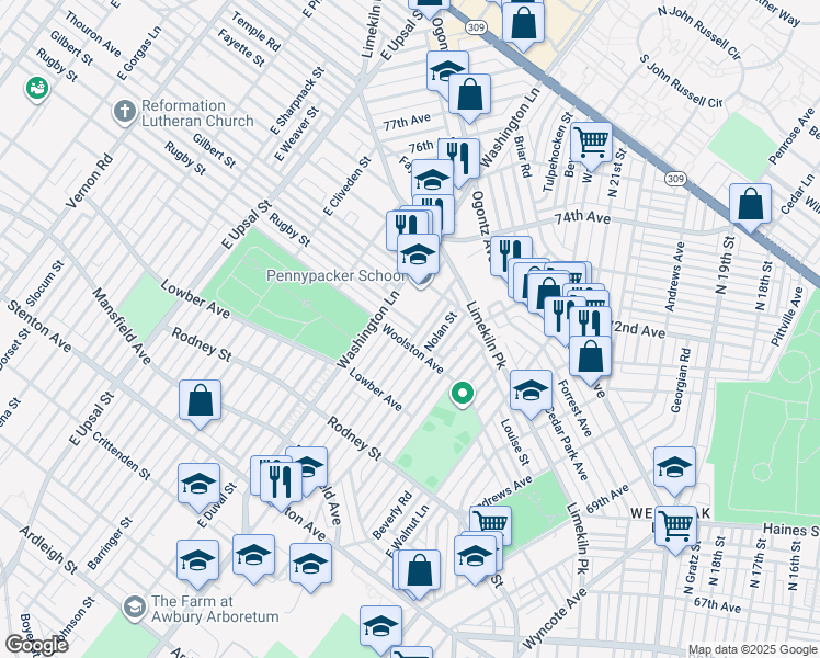 map of restaurants, bars, coffee shops, grocery stores, and more near 7354 Rugby Street in Philadelphia