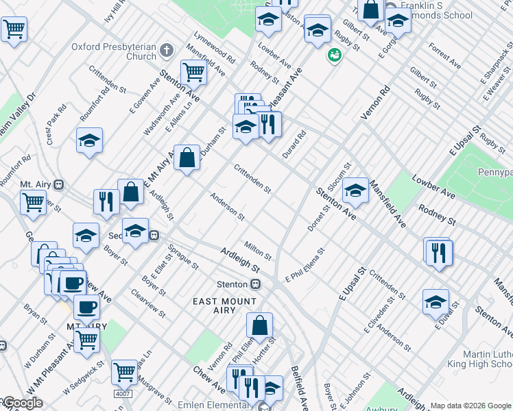 map of restaurants, bars, coffee shops, grocery stores, and more near 506 East Gorgas Lane in Philadelphia