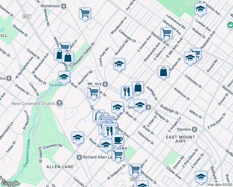 map of restaurants, bars, coffee shops, grocery stores, and more near 7240 Devon Street in Philadelphia