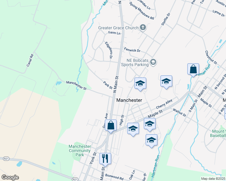 map of restaurants, bars, coffee shops, grocery stores, and more near 201 Pennsylvania 181 in Manchester