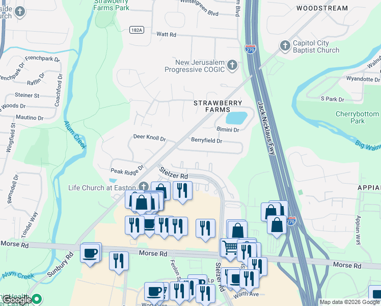map of restaurants, bars, coffee shops, grocery stores, and more near 4325 Brick Court in Columbus