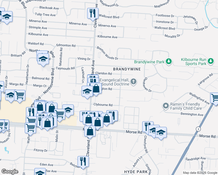 map of restaurants, bars, coffee shops, grocery stores, and more near 2589 Abington Road in Columbus