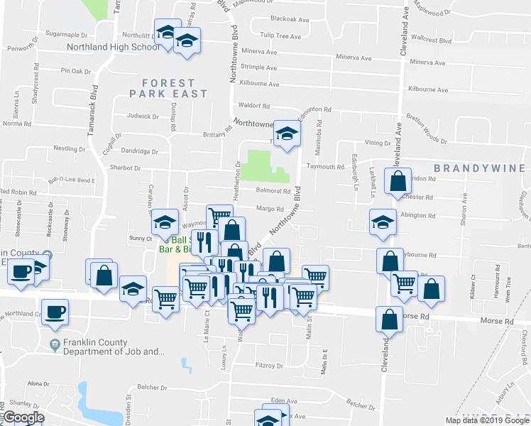 map of restaurants, bars, coffee shops, grocery stores, and more near 4615 Northtowne Boulevard in Columbus