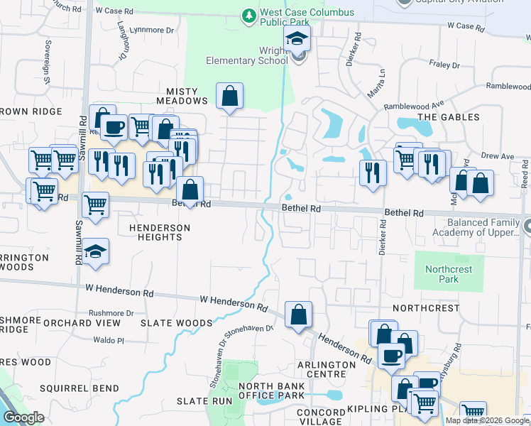 map of restaurants, bars, coffee shops, grocery stores, and more near 5241 Wood Run Boulevard in Columbus
