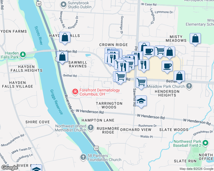 map of restaurants, bars, coffee shops, grocery stores, and more near 5307 Shiloh Drive in Columbus