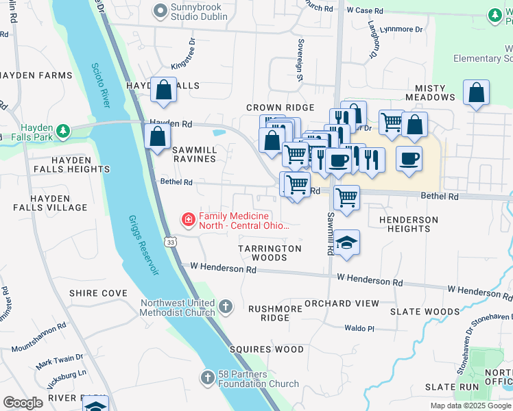 map of restaurants, bars, coffee shops, grocery stores, and more near 5318 Caleb Drive in Columbus