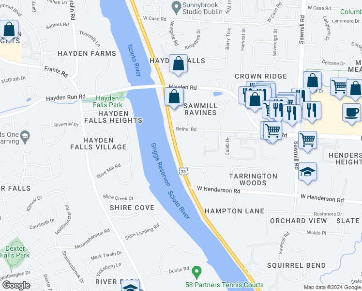 map of restaurants, bars, coffee shops, grocery stores, and more near 5288 Riverside Drive in Columbus