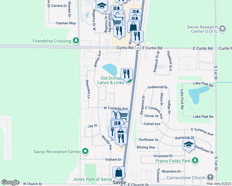 map of restaurants, bars, coffee shops, grocery stores, and more near 705b Ramblewood Court in Savoy