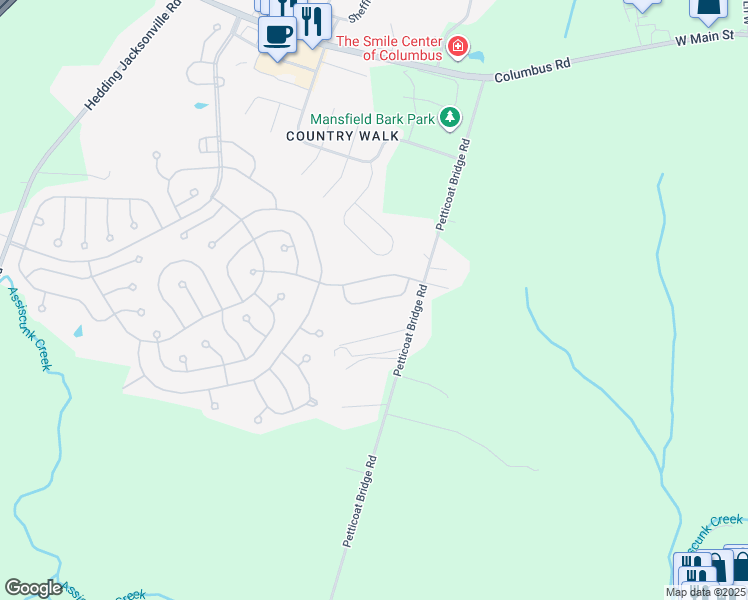 map of restaurants, bars, coffee shops, grocery stores, and more near Settlers Lane in Mansfield