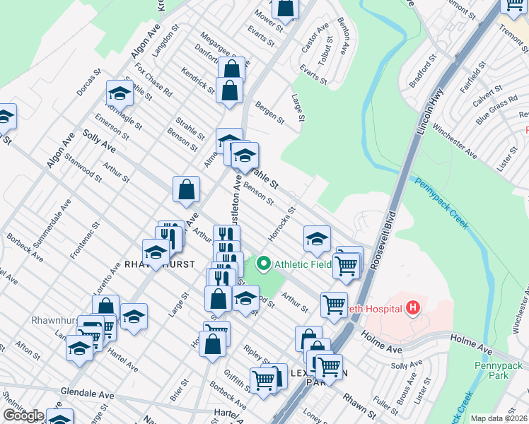 map of restaurants, bars, coffee shops, grocery stores, and more near 2150 Hoffnagle Street in Philadelphia