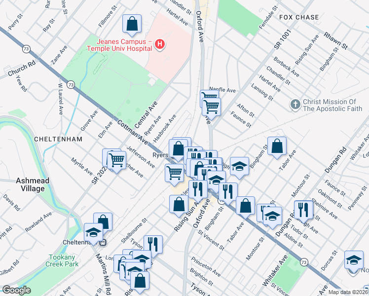 map of restaurants, bars, coffee shops, grocery stores, and more near 7331 Rockwell Avenue in Philadelphia