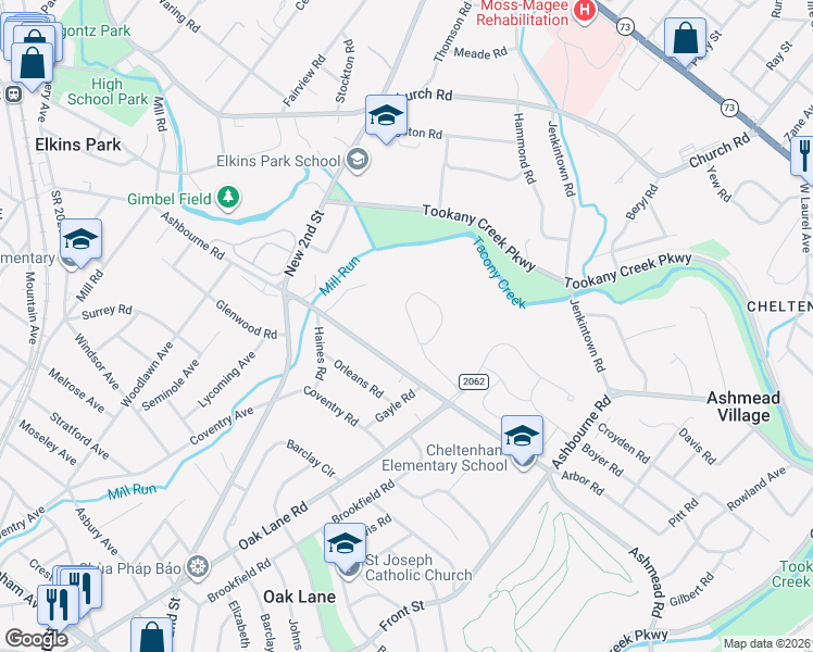 map of restaurants, bars, coffee shops, grocery stores, and more near 1115 Ashbourne Road in Montgomery County