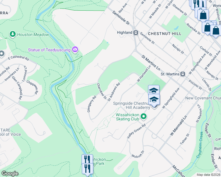 map of restaurants, bars, coffee shops, grocery stores, and more near 628 Saint Andrews Road in Philadelphia