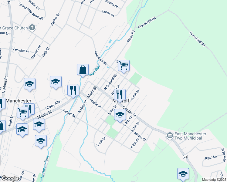 map of restaurants, bars, coffee shops, grocery stores, and more near 40 3rd Street in Mount Wolf