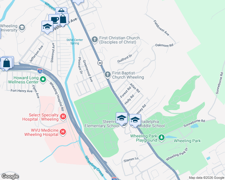 map of restaurants, bars, coffee shops, grocery stores, and more near 1526 National Road in Wheeling