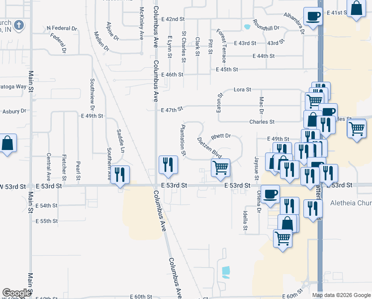 map of restaurants, bars, coffee shops, grocery stores, and more near 5019 Plantation Street in Anderson