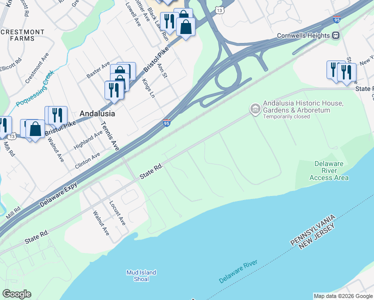 map of restaurants, bars, coffee shops, grocery stores, and more near 1101 State Road in Bensalem