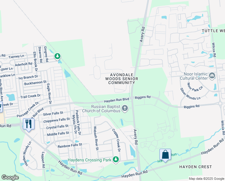 map of restaurants, bars, coffee shops, grocery stores, and more near 6416 Delta Loop in Dublin