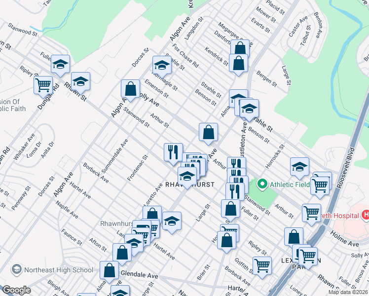map of restaurants, bars, coffee shops, grocery stores, and more near 1849 Stanwood Street in Philadelphia