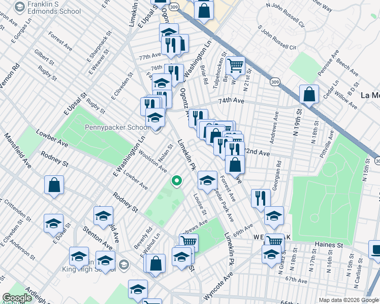 map of restaurants, bars, coffee shops, grocery stores, and more near 7242 Limekiln Pike in Philadelphia