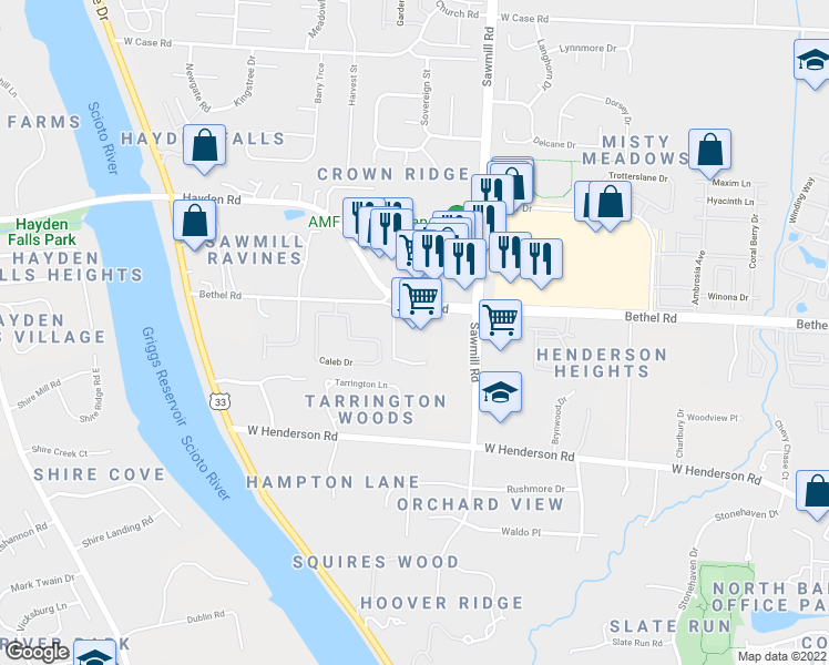 map of restaurants, bars, coffee shops, grocery stores, and more near 4747 Sawmill Road in Columbus