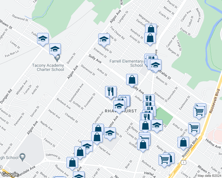 map of restaurants, bars, coffee shops, grocery stores, and more near 1834 Stanwood Street in Philadelphia
