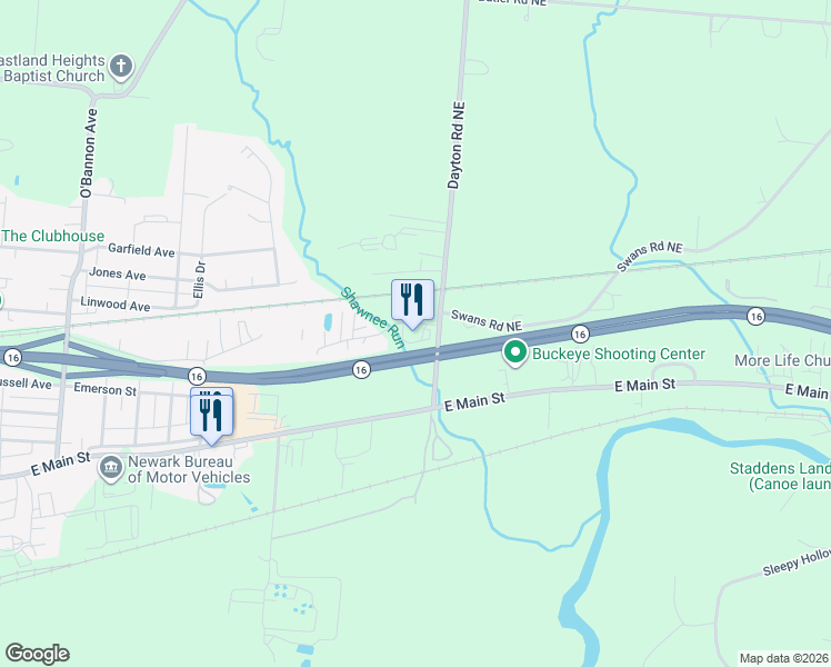 map of restaurants, bars, coffee shops, grocery stores, and more near 57 Dayton Road Northeast in Newark