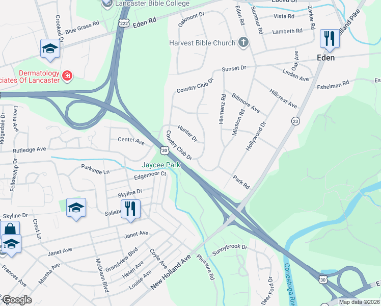 map of restaurants, bars, coffee shops, grocery stores, and more near 1348 Country Club Drive in Lancaster