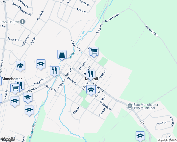 map of restaurants, bars, coffee shops, grocery stores, and more near 85 North 3rd Street in Mount Wolf
