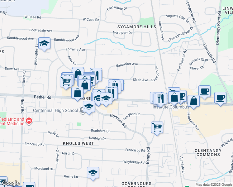 map of restaurants, bars, coffee shops, grocery stores, and more near 1293 Bethel Road in Columbus