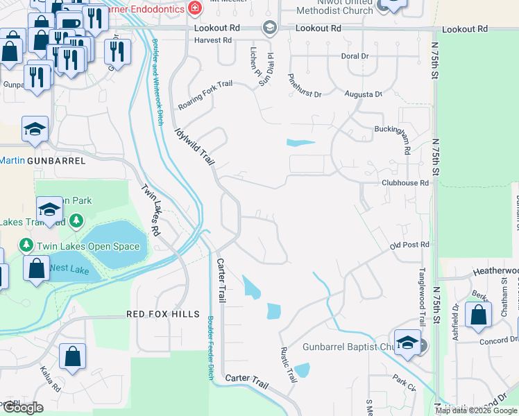 map of restaurants, bars, coffee shops, grocery stores, and more near 7083 Indian Peaks Trail in Boulder