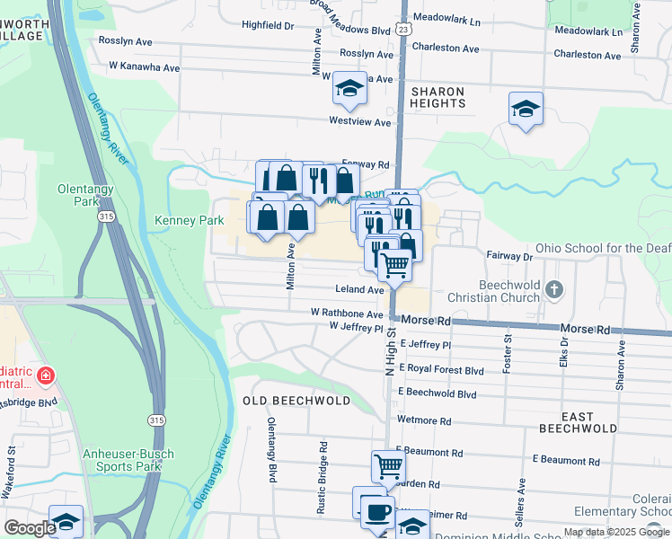 map of restaurants, bars, coffee shops, grocery stores, and more near 5019 North High Street in Columbus