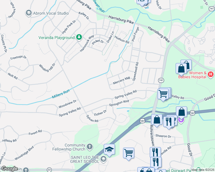 map of restaurants, bars, coffee shops, grocery stores, and more near 1984 Speedwell Road in Lancaster
