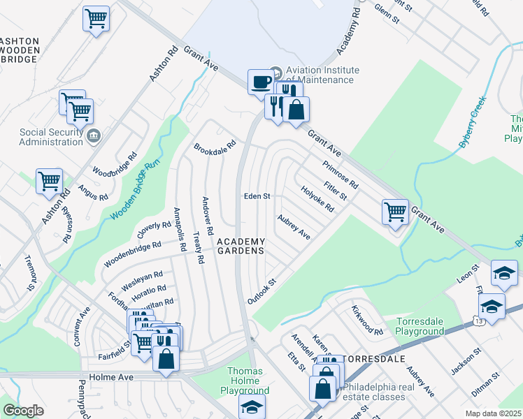 map of restaurants, bars, coffee shops, grocery stores, and more near 9347 Lansford Street in Philadelphia