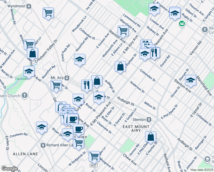 map of restaurants, bars, coffee shops, grocery stores, and more near 325 East Durham Street in Philadelphia