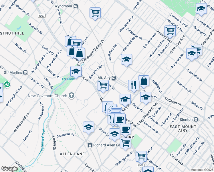 map of restaurants, bars, coffee shops, grocery stores, and more near 7410 Boyer Street in Philadelphia