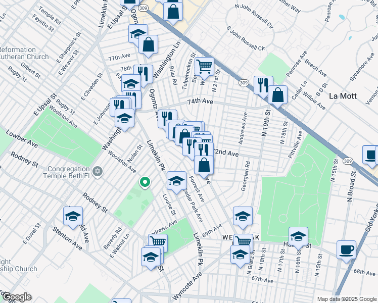 map of restaurants, bars, coffee shops, grocery stores, and more near Ogontz Ave & 72nd Ave in Philadelphia